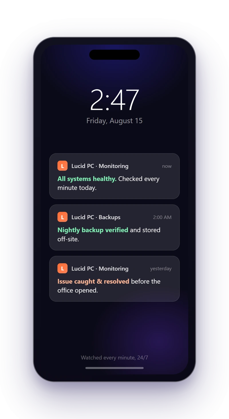 Illustration of a phone lock screen showing Lucid PC monitoring and backup alerts